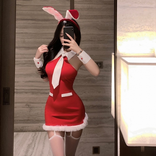 Рождественское красное секси-платье Зайки с ободком-ушками и галстуком R17