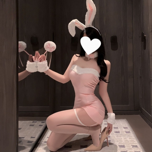 Рождественское розовое секси-платье декольте Зайки с ободком-ушками R48